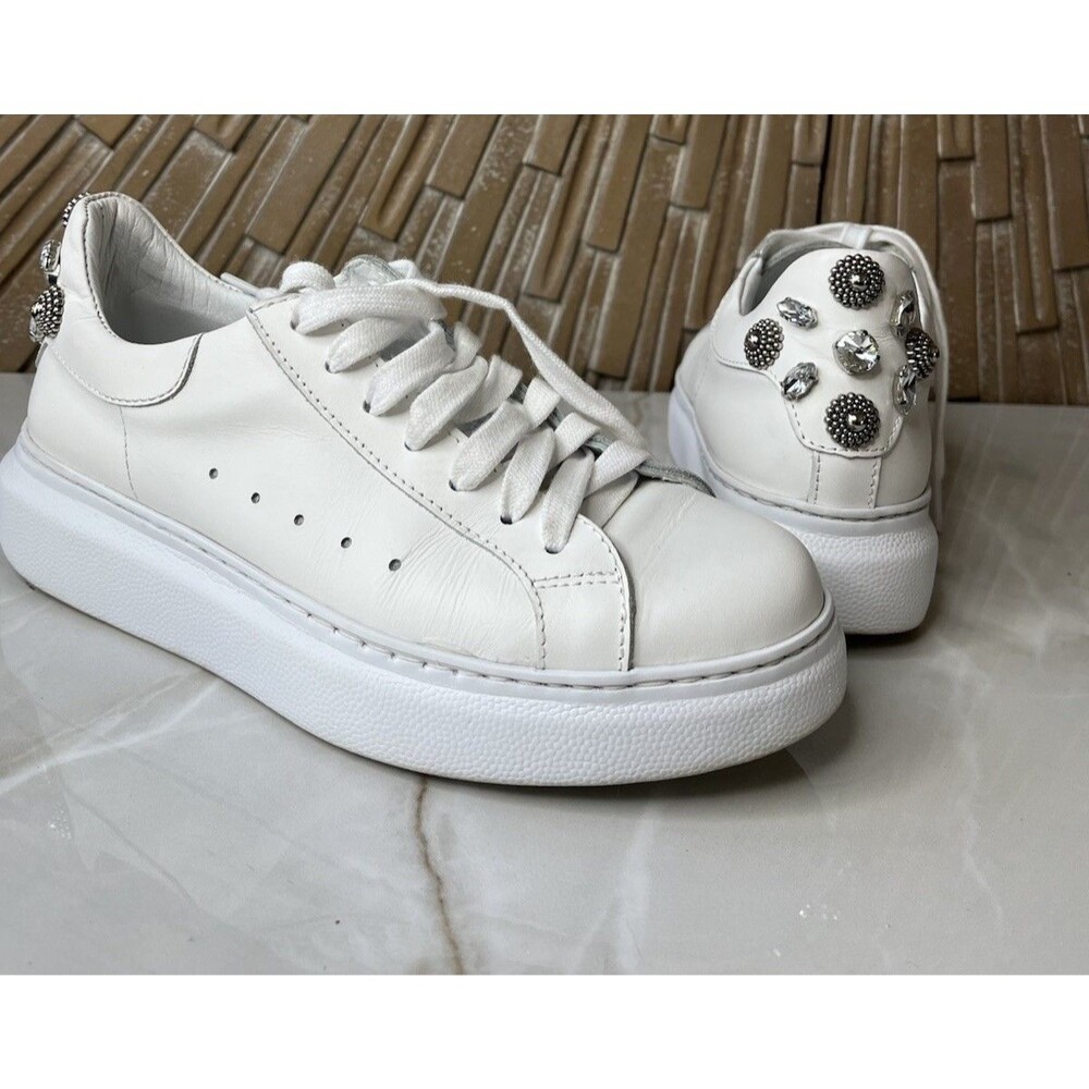 Michele Lopriore Women White Leather Street Sneakers Fashion Rhinestone Sz 38 8